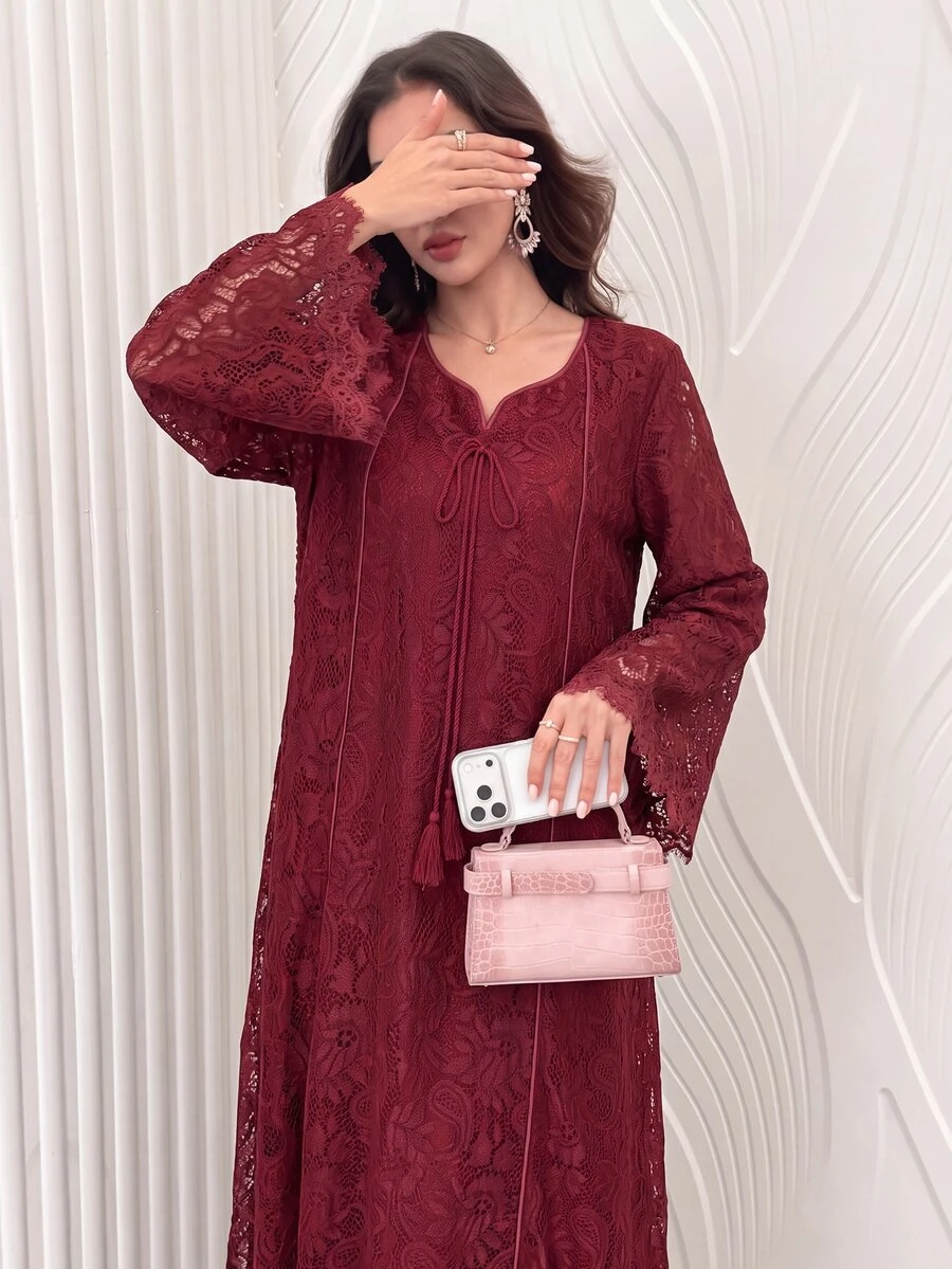Mulvari Square Neck Lace Tassel 3/4 Sleeve Flared Women's Arabic Dress - Burgundy - View 1