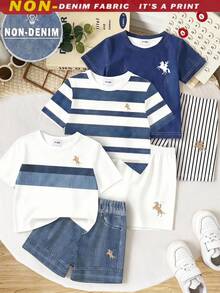 SHEIN 3件組休閒舒適時尚白色條紋印花短袖上衣與短褲套裝，夏季校服 - 彩色 - 查看 2