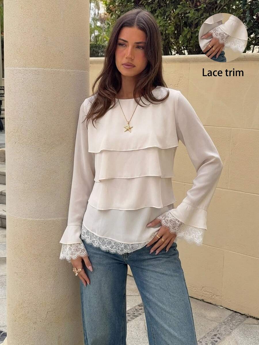 Siren Gaze 秋冬女款蕾絲拼接百褶休閒法式優雅米色荷葉邊花卉透視蕾絲挖空修身派對早午餐約會外穿襯衫 - 杏色 - 查看 1