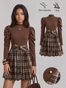 SHEIN 青少年女孩格紋泡泡袖 A 字長袖秋季洋裝，棕色奶油色鬆緊腰日常洋裝，棕色裙子，棕色洋裝，聖誕派對洋裝 - 咖啡棕 - 查看 1