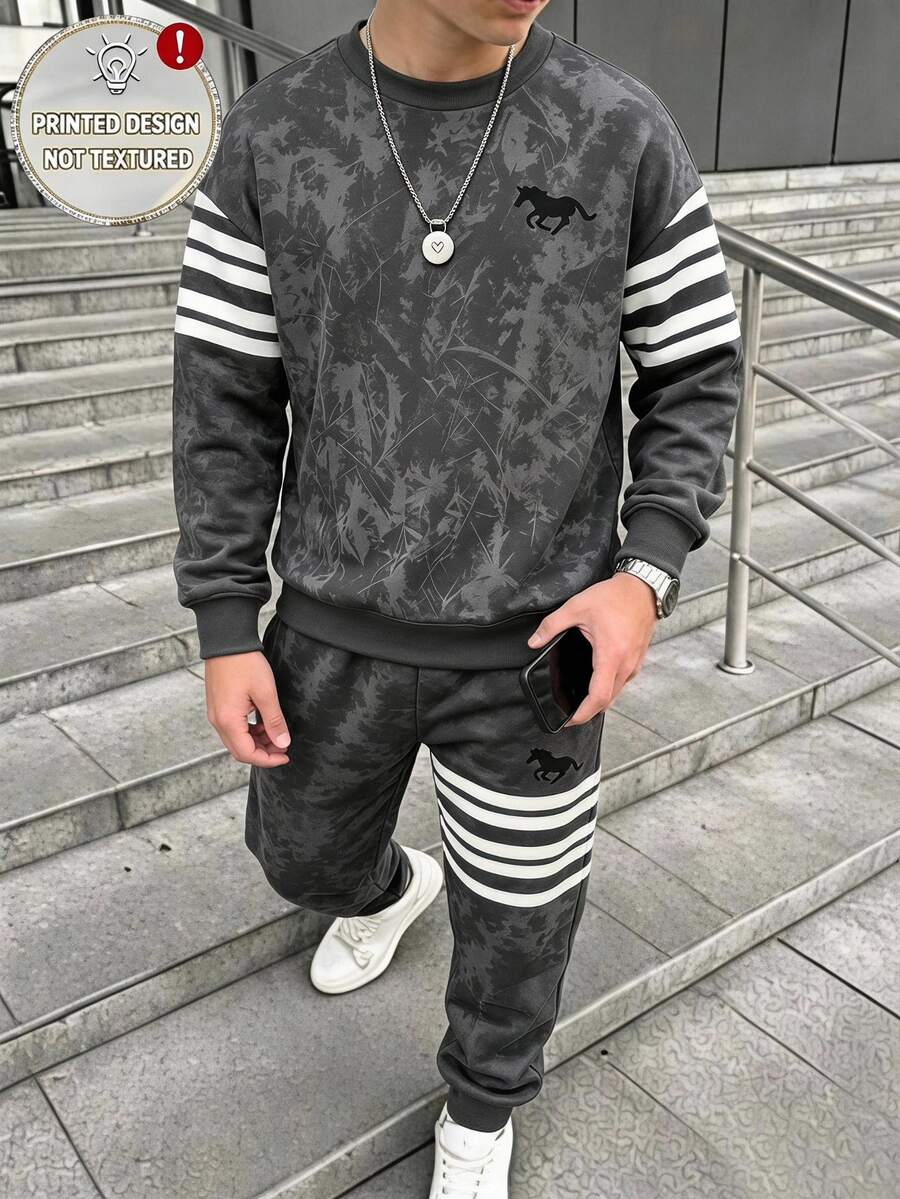 青少年男孩休閒運動街頭風寬鬆極簡深灰色條紋馬匹印花圓領衛衣與運動長褲2件套 秋季校園 - 彩色 - 查看 1