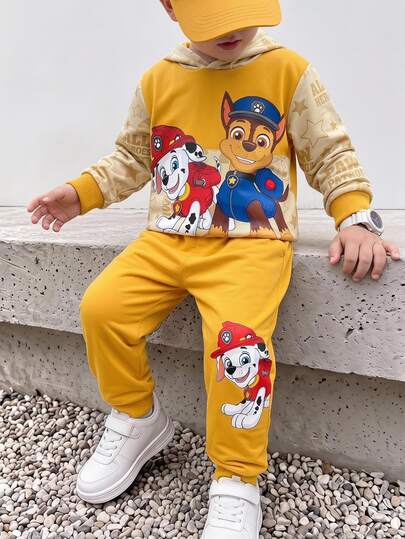 SHEIN | PAW Patrol طقم هودي للأولاد باللون البني والبيج بتصميم كتل لونية وطبعة كلب كرتوني وحروف، كاجوال فضفاض للخريف بأكمام طويلة وأساور مضلعة، ملابس العودة إلى المدرسة