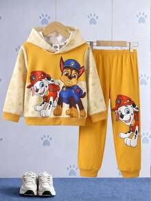 SHEIN | PAW Patrol 男童棕色米色拼接卡通狗字母印花連帽衫套裝 秋季休閒寬鬆長袖羅紋袖口 返校穿搭 冬季 - 彩色 - 查看 3