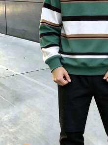 Tween Boys Casual Minimalist Green White Black Striped Print Crew Neck Sweatshirt And Sweatpants 2 Pieces Set, Suitable For Autumn/Winter Outdoor Sports Wear - Multicolor - View 4