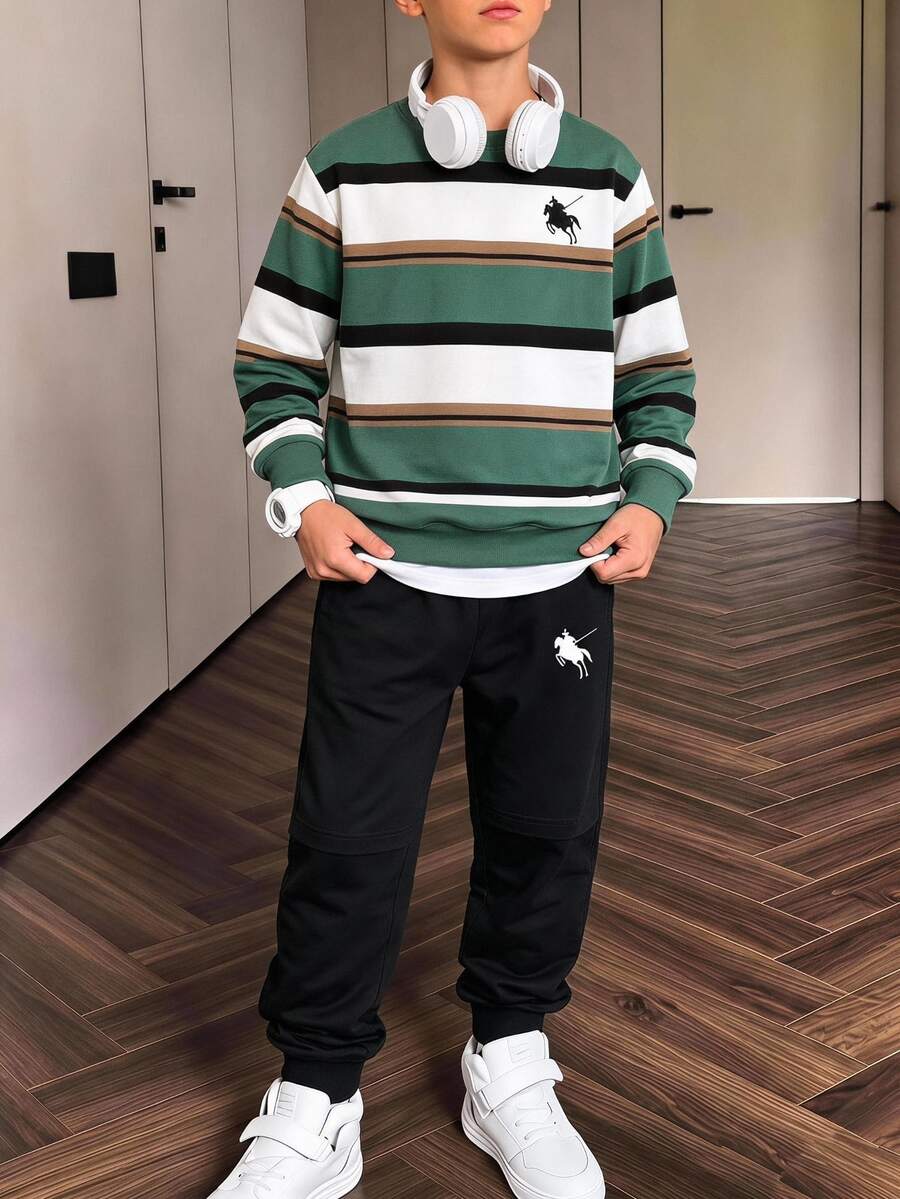 Tween Boys Casual Minimalist Green White Black Striped Print Crew Neck Sweatshirt And Sweatpants 2 Pieces Set, Suitable For Autumn/Winter Outdoor Sports Wear - Multicolor - View 1