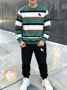 Tween Boys Casual Minimalist Green White Black Striped Print Crew Neck Sweatshirt And Sweatpants 2 Pieces Set, Suitable For Autumn/Winter Outdoor Sports Wear - Multicolor - View 2