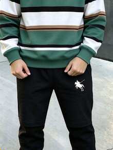 Tween Boys Casual Minimalist Green White Black Striped Print Crew Neck Sweatshirt And Sweatpants 2 Pieces Set, Suitable For Autumn/Winter Outdoor Sports Wear - Multicolor - View 3