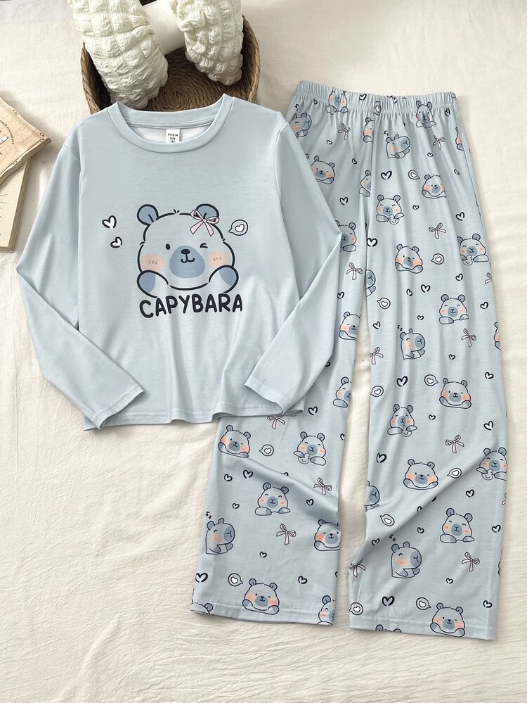 SHEIN Tween Girl Cartoon Print Tween Girl Crew Neck Pullover Top And Loose Pants Knit Fabric Soft Comfortable Casual Pajama Set - Grey - View 6