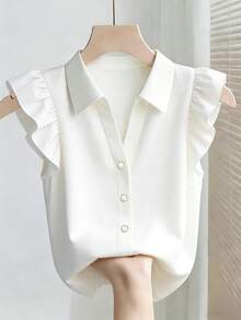 SHEIN 优雅白色荷叶边无袖雪纺衬衫，通勤时尚修身法式优雅夏季上衣 - 白色 - 查看 7