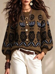Linhara CURVE Plus Floral Pattern Drop Shoulder Sweater Winter - Multicolor - View 4