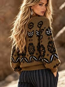 Linhara CURVE Plus Floral Pattern Drop Shoulder Sweater Winter - Multicolor - View 2