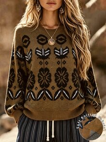 Linhara CURVE Plus Floral Pattern Drop Shoulder Sweater Winter - Multicolor - View 3