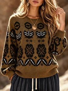 Linhara CURVE Plus Floral Pattern Drop Shoulder Sweater Winter - Multicolor - View 7