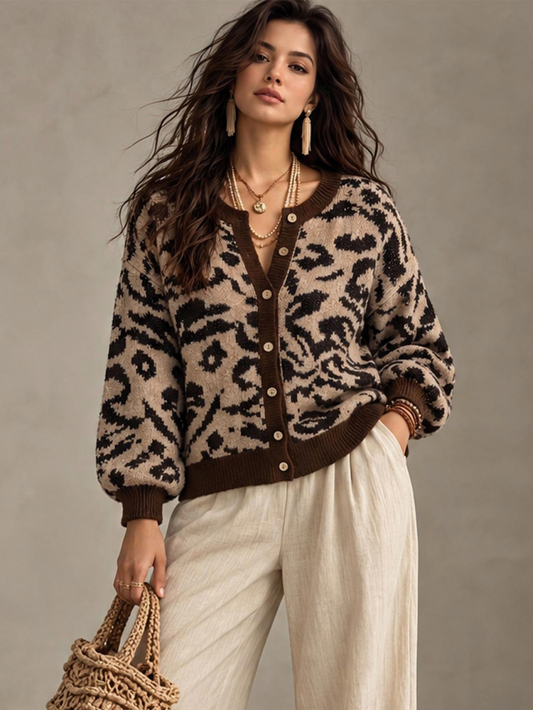 Linhara CURVE 1pc Women's Plus Size Round Neck Drop Shoulder Long Sleeve Leopard Print Casual Urban Vintage Knit Cardigan, Suitable For Daily Commute, Spring And Autumn - Multicolor - View 6