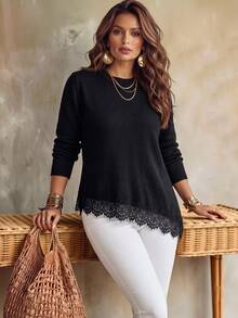 Elenzga Black Round Neck Fitted Long Sleeve Asymmetrical Hem Lace Patchwork Slit Slimming Pullover Sweater Fall Party Morning Elegant - Black - View 1