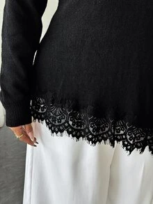 Elenzga Black Round Neck Fitted Long Sleeve Asymmetrical Hem Lace Patchwork Slit Slimming Pullover Sweater Fall Party Morning Elegant - Black - View 5