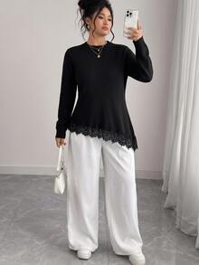 Elenzga Black Round Neck Fitted Long Sleeve Asymmetrical Hem Lace Patchwork Slit Slimming Pullover Sweater Fall Party Morning Elegant - Black - View 6