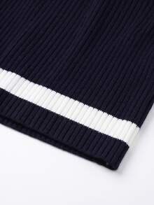 SHEIN Women's Collared Long Sleeve Colorblock Slim Fit Knit Top, Suitable For Spring/Autumn, Autumn/Winter, Daily Commute Wear, Navy Blue With Beige Trim - Navy Blue - View 7