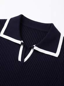 SHEIN Women's Collared Long Sleeve Colorblock Slim Fit Knit Top, Suitable For Spring/Autumn, Autumn/Winter, Daily Commute Wear, Navy Blue With Beige Trim - Navy Blue - View 5