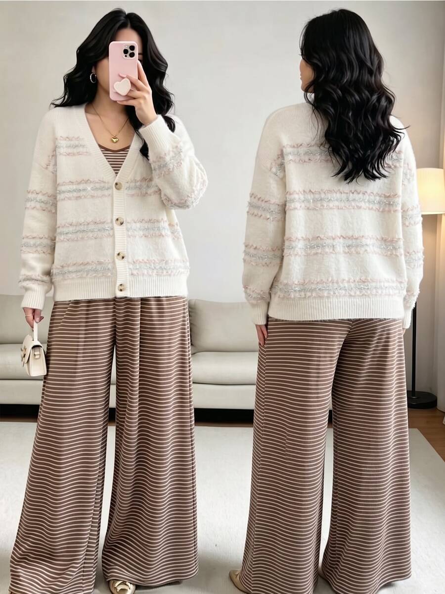 GlowEve CURVE V-Neck Wavy Colorful Striped Loose Single-Breasted Long Sleeve Cardigan Winter - White - View 1