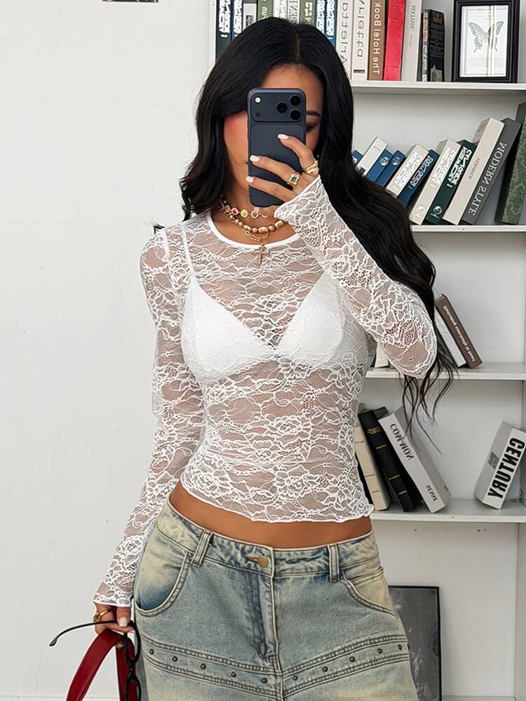 StreetHx Women's Solid Color Round Neck Raglan Sleeve Fitted Sexy Lace Top - White - View 6