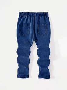 SHEIN Tween Boy Jeans Pants Trousers Outfits Blue Fashion Minimalist Baggy Casual Slim Fit Suitable For Spring Summer Autumn Fall And Winte School Holiday - Dark Wash - View 2