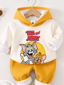 TOM & JERRY X SHEIN Baby Boy Cartoon Pattern Hooded Long Sleeve Sweatshirt And Sweatpants Set, Suitable For Autumn/Winter - Multicolor - View 4