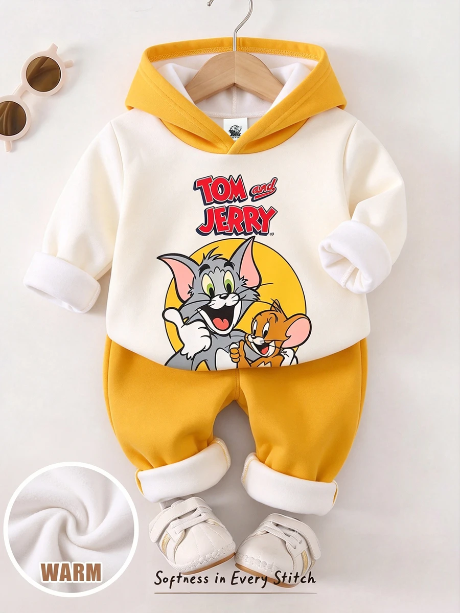 TOM & JERRY X SHEIN Baby Boy Cartoon Pattern Hooded Long Sleeve Sweatshirt And Sweatpants Set, Suitable For Autumn/Winter - Multicolor - View 1