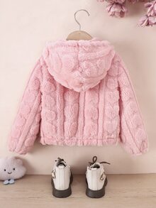 SHEIN Genkimix Kids Young Girl' Casual Western Plush Jacket, Pink, Zipper Front, Heart Pattern, Hooded For Autumn/Winter - Pink - View 2