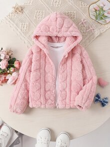 SHEIN Genkimix Kids Young Girl' Casual Western Plush Jacket, Pink, Zipper Front, Heart Pattern, Hooded For Autumn/Winter - Pink - View 3