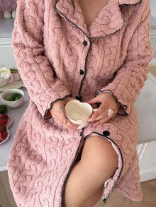 Slumberry CURVE Sweet INS Contrast Color Bow Trim Button Front Plush Plus Size Nightgown - Pink - View 2