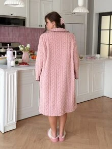 Slumberry CURVE Sweet INS Contrast Color Bow Trim Button Front Plush Plus Size Nightgown - Pink - View 5