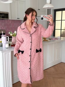 Slumberry CURVE Sweet INS Contrast Color Bow Trim Button Front Plush Plus Size Nightgown - Pink - View 3