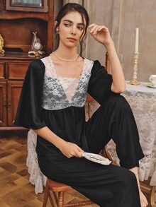 Côtesoire Women's Lace Patchwork Top And Long Pants Casual Daily Home Pajama Set - Black - View 6