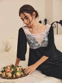 Côtesoire Women's Lace Patchwork Top And Long Pants Casual Daily Home Pajama Set - Black - View 4