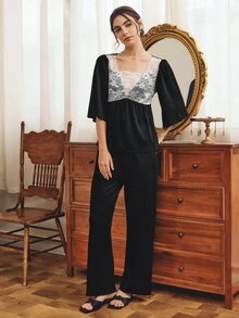 Côtesoire Women's Lace Patchwork Top And Long Pants Casual Daily Home Pajama Set - Black - View 5
