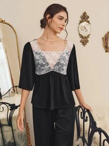 Côtesoire Women's Lace Patchwork Top And Long Pants Casual Daily Home Pajama Set - Black - View 3