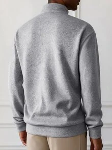 HUEFORM Autumn Men's Old Money Style Sweatshirt, Heather Grey Brown Faux Knitted Knit Fabric, Mid-Neck Zipper Design, Loose Drop Shoulder Fit - Grey - View 2