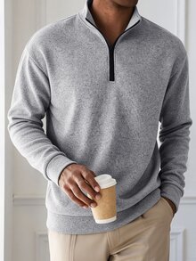 HUEFORM Autumn Men's Old Money Style Sweatshirt, Heather Grey Brown Faux Knitted Knit Fabric, Mid-Neck Zipper Design, Loose Drop Shoulder Fit - Grey - View 3