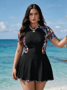 SHEIN Swim Plus Size Women 2-Piece Fashionable Printed Patchwork Short Sleeve Zipper One-Piece Swimsuit And Wrap Skirt Casual Swimsuit - Black - View 3