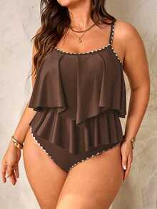 SHEIN Swim Curve Plus Size Women's 2 Pieces Set Brown Spaghetti Strap Double Ruffle Trim Top High Waist Pleated Trim Pants Summer Party Vacation Elegant Matching - Coffee Brown - View 3