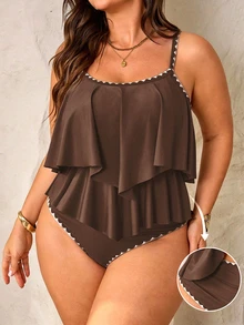 SHEIN Swim Curve Plus Size Women's 2 Pieces Set Brown Spaghetti Strap Double Ruffle Trim Top High Waist Pleated Trim Pants Summer Party Vacation Elegant Matching - Coffee Brown - View 4