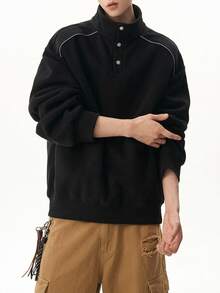 DAZY Men's Black Fleece Sweatshirt, Stand Collar, Half-Button Front, Pullover, Autumn/Winter Hoodies - Black - View 5