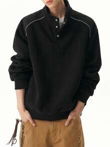 DAZY Men's Black Fleece Sweatshirt, Stand Collar, Half-Button Front, Pullover, Autumn/Winter Hoodies - Black - View 1
