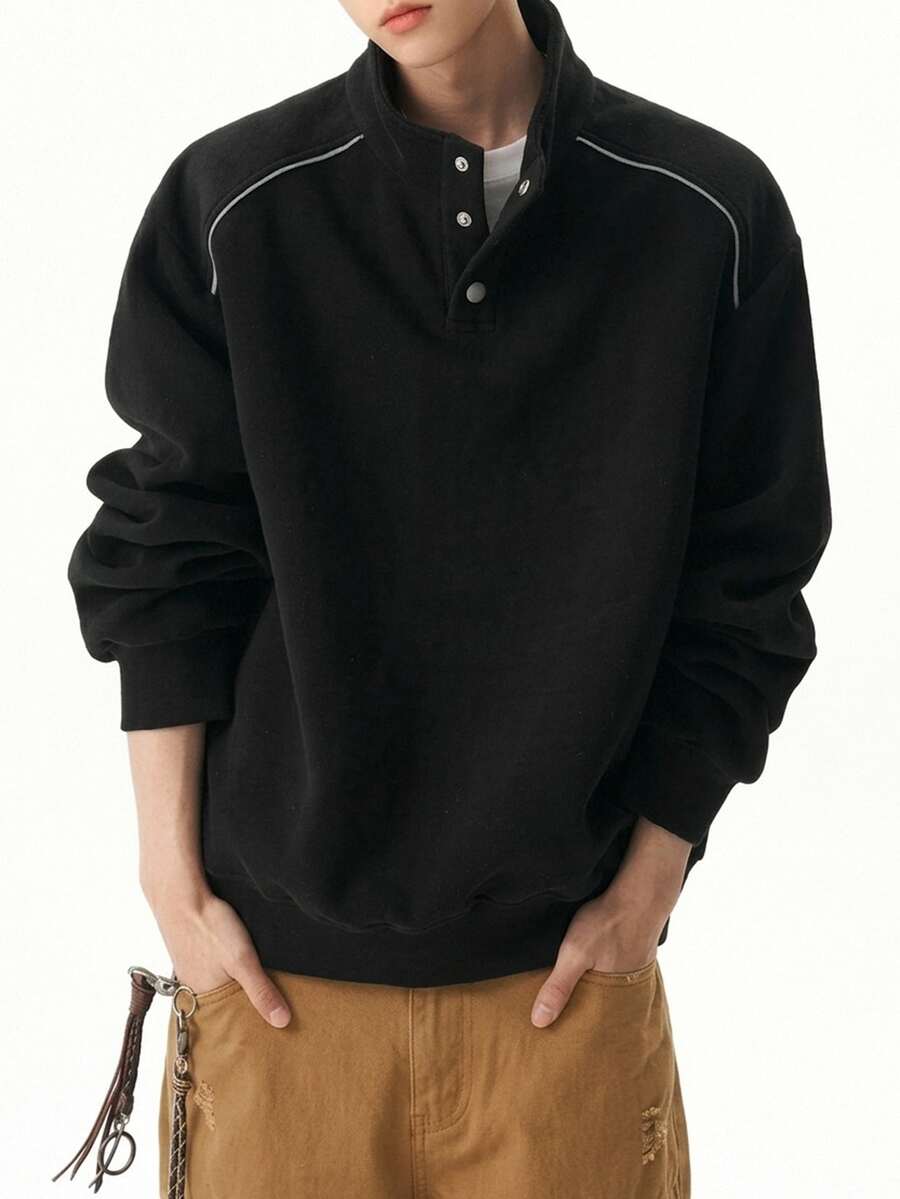 DAZY Men's Black Fleece Sweatshirt, Stand Collar, Half-Button Front, Pullover, Autumn/Winter Hoodies - Black - View 1