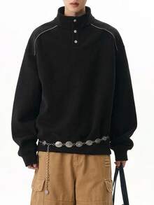 DAZY Men's Black Fleece Sweatshirt, Stand Collar, Half-Button Front, Pullover, Autumn/Winter Hoodies - Black - View 9