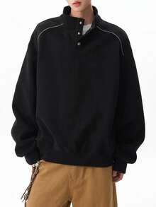 DAZY Men's Black Fleece Sweatshirt, Stand Collar, Half-Button Front, Pullover, Autumn/Winter Hoodies - Black - View 7