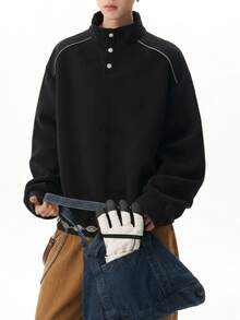 DAZY Men's Black Fleece Sweatshirt, Stand Collar, Half-Button Front, Pullover, Autumn/Winter Hoodies - Black - View 4