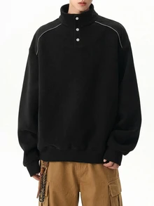 DAZY Men's Black Fleece Sweatshirt, Stand Collar, Half-Button Front, Pullover, Autumn/Winter Hoodies - Black - View 3