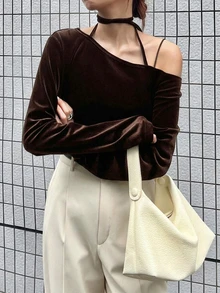FRIFUL 女款素色不對稱肩休閒百搭日常長袖T恤 秋季 - 棕色 - 查看 4
